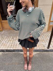 Jouncy 女士条纹圆领落肩长袖休闲宽松T恤 - 薄荷藍 - 查看 3