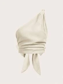 Hauture 女式夏季性感度假单肩扭纹亚麻上衣 - 杏色 - 查看 11