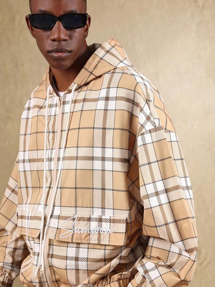 SUMWON Giacca antivento corta con motivo a quadri, leggera per l'autunno, con cerniera frontale classica, vestibilità regular, casual, moda invernale con cappuccio