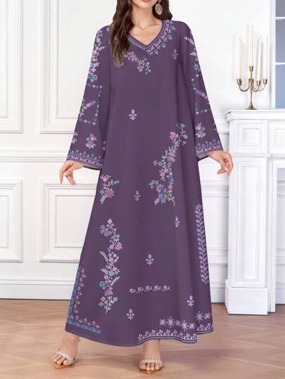 SHEIN Najma Vintage Elegant Floral Print Casual Women's Arabic Style V-Neck Dress