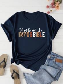 INAWLY Plus Slogan Graphic Tee Nothing Is IMPOSSIBLE Graphic Tees Women Tops - Navy Blue - View 1