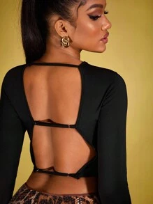Zyxie Camiseta ajustada de manga larga y unicolor sexy con espalda descubierta para mujer