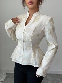 Elenzga 女式优雅刺绣亮片蕾丝花边腰部纹理面料纯色长袖衬衫，秋季