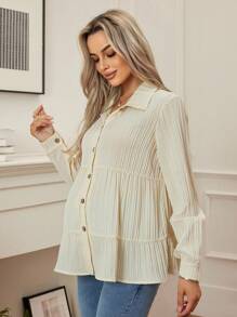 SHEIN Solid Color Long Sleeve Ruffle Hem Casual Maternity Shirt - Apricot - View 3
