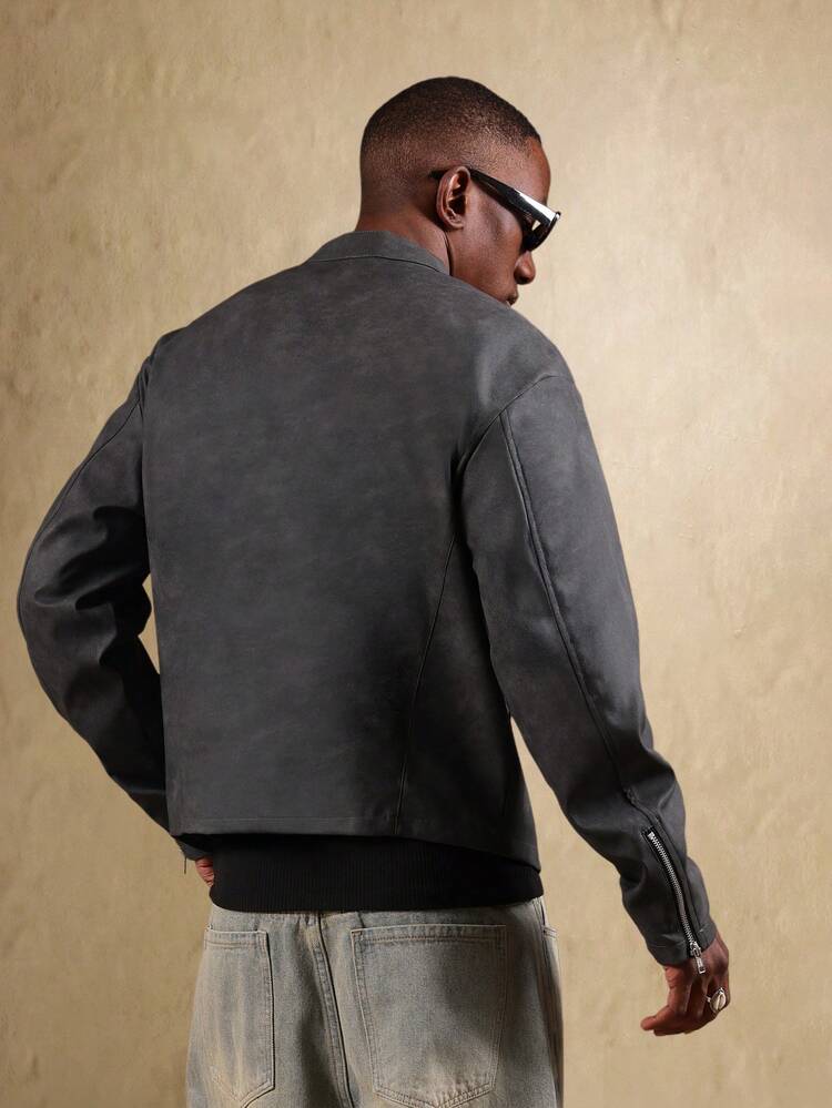 Faux Suede Bomber Jacket With Mandarin Collar