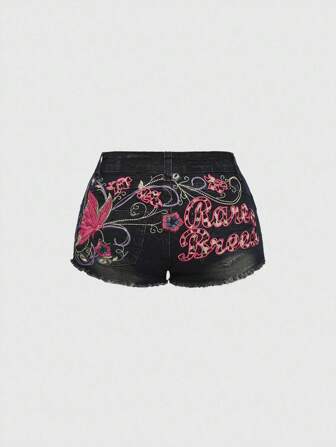 Fairycore شورت جينز مغسول ممزق بتطريز فراشة مشدود قياس كبير من Y2K Baddie