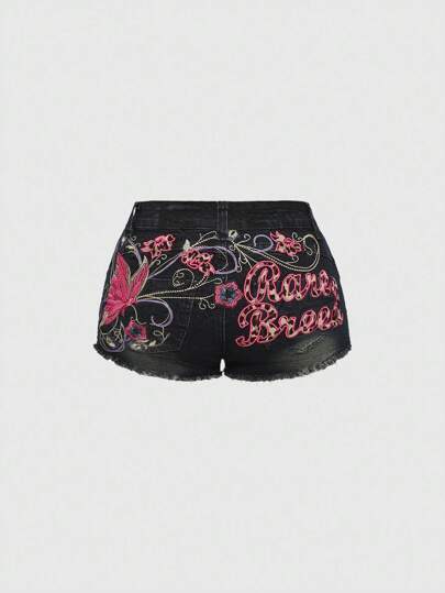 Fairycore Y2K Baddie Tight Butterfly Embroidery Distressed Washed Plus Size Denim Shorts