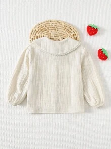 Cozy Pixies 女童草莓图案荷叶边领长袖开衫，草莓衬衫，女童上衣，女童衬衫，幼儿女童衬衫，儿童衬衫 - 杏色 - 查看 2