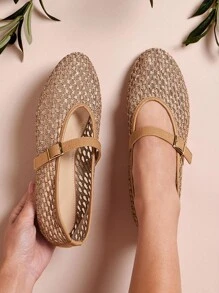 SHUZIA Women Comfortable Raffia Mary Jane Ballet Flats - Camel - View 2