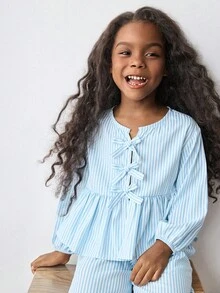Maija Kids Maija Kids 2件套少女蝴蝶结装饰条纹短袖衬衫和短裤套装 - 藍白色 - 查看 5