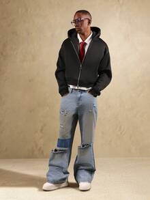 SUMWON Wide Leg Distressed Denim Jeans Y2K Fashion Baggy Relaxed Fit Vintage Style Ripped Knee Contrast Panel Raw Edge Hem Fall Winter Streetwear