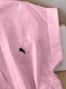 INAWLY 女式骑士与蝙蝠印花侧抽绳休闲短袖衬衫 - 粉色 - 查看 4