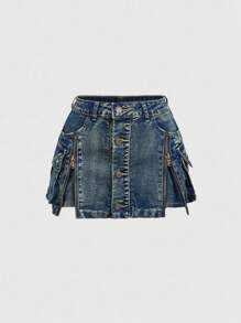 ROMWE Kawaii 大码韩流Y2K复古水洗低腰迷你牛仔裙 - 藍色 - 查看 5