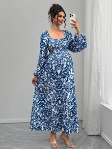Momance Elegant Floral Print Dress For Pregnant Women, Suitable For Commuting - Blue - View 6