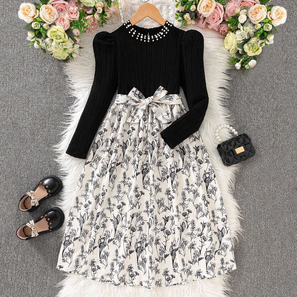 Vestido casual de manga larga con lazo en la cintura para niñas preadolescentes
