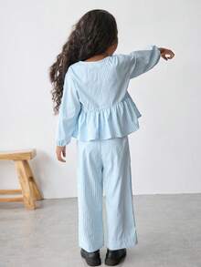 Maija Kids Maija Kids 2件套少女蝴蝶结装饰条纹短袖衬衫和短裤套装 - 藍白色 - 查看 6