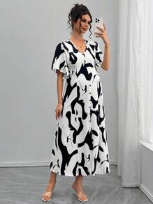 SHEIN Maternity Summer Fashion Color Block Print Split Dress - Black and White - View 6