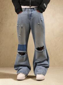 SUMWON Wide Leg Distressed Denim Jeans Y2K Fashion Baggy Relaxed Fit Vintage Style Ripped Knee Contrast Panel Raw Edge Hem Fall Winter Streetwear