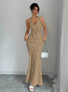 Rafferiza 2pcs/Set Women Sleeveless Deep V-Neck Front Twist Halter Backless Ruched Mermaid Dress - Khaki - View 1