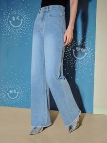 S.W.Smiley x MOTF PREMIUM 水钻细节毛边直筒牛仔裤 - 淺藍色 - 查看 5