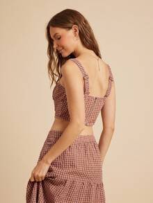 WESTFADE 棉质混纺格纹细肩带纽扣前开襟紧身胸衣短款上衣 返校吊带背心 可爱秋季乡村夏季海滩度假 - 棕色 - 查看 5