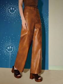 S.W.Smiley x MOTF PREMIUM Pantalones con bolsillos en diagonal de piel sintética - Marrón - Ver 5