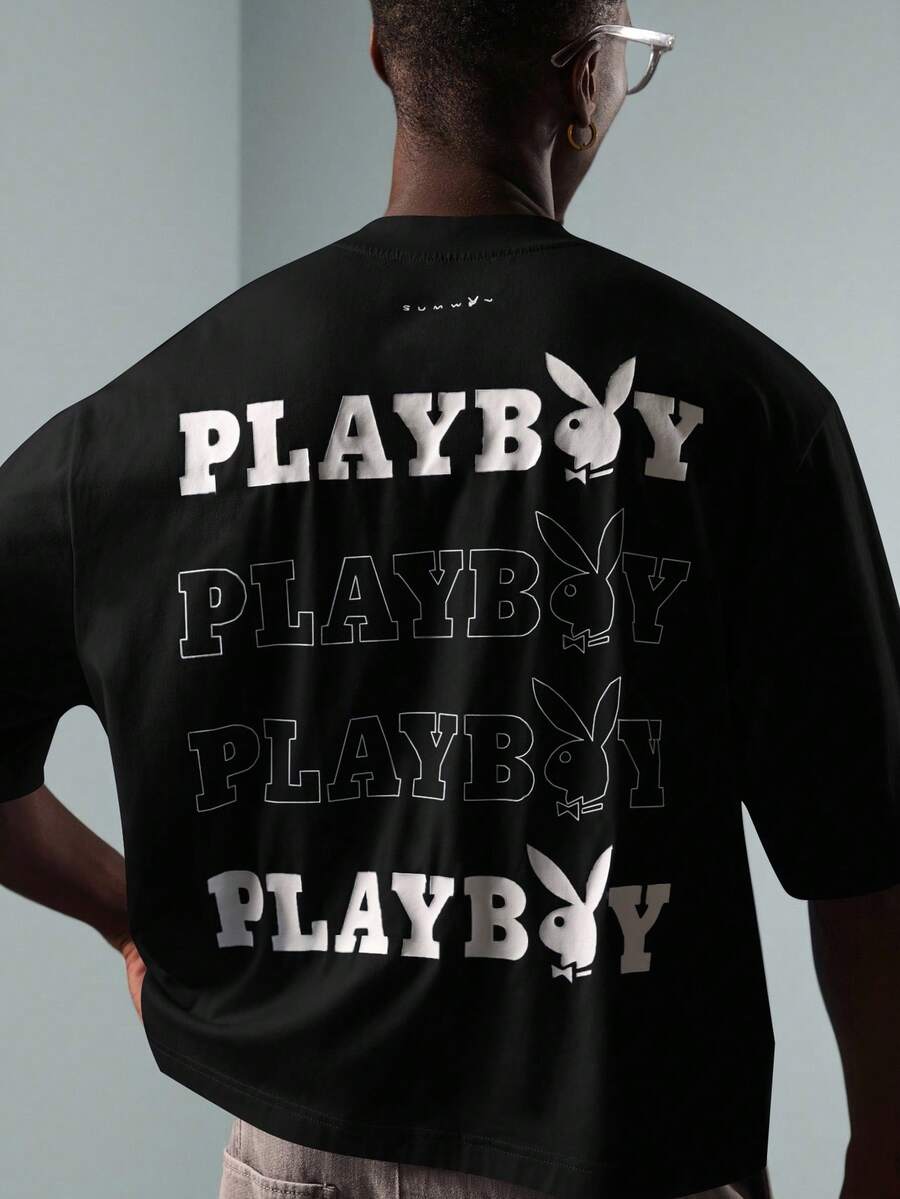 PLAYBOY X SUMWON Áo thun croptop in logo thỏ thời trang dạo phố cotton thường ngày có in hình đồ họa ở mặt sau - màu đen - Xem 1