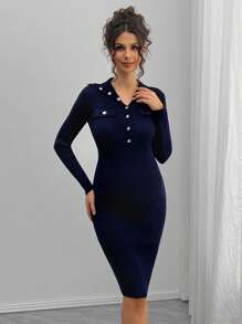 Momance Solid Color Button-Up Fitted Maternity Dress, Long Sleeve Dress - Blue - View 3