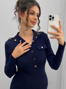 Momance Solid Color Button-Up Fitted Maternity Dress, Long Sleeve Dress - Blue - View 7