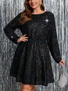 Reflora Plus Size Sequin Backless Tie Strap Party Dress,Curvy Plus Size Women's Black High-Quality Sequin Long Sleeve A-Line Dress, Long Sleeve Black Dress, Dress, Bodycon Midi Dress, Elegant Black MINI Dress,Fall Clothes For Women,Winter Clothes For Women,Fall Clothes Plus Size ,Winter Clothes,Autumn, Winter Outfit For Women,Night Out,Going Out Outfit , Old Money Style Women,Suitable For Multiple Occasions,Halloween,Christmas,Fall Dresses For Women,Winter Dresses For Women ,Fall Wedding Guest Dress,Autumn Dress, Homecoming Dress ,Hoco Dressses, Date Night Outfits Women,Going Out Dress, Date Night Outfit,Wedding Guest Dress Women,Mother Of The Bride Dresses For Wedding, Formal Dresses For Wedding Guest,Dresses For Wedding Event , Fall Wedding Guest Dress,Wedding Guest Dress Elegant,A-Line Dress .2025 NEW