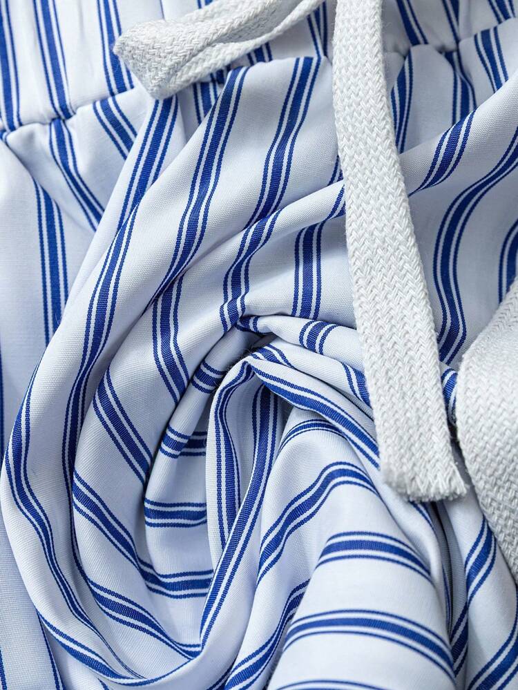 Plus Size Women's Vacation Decorative Cord Elastic Waistband Pockets Reversed Foot Striped Pants, Spring For Women