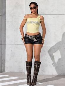 Jeanoix Summer Fashion Letter Print Asymmetric Collar Blouse