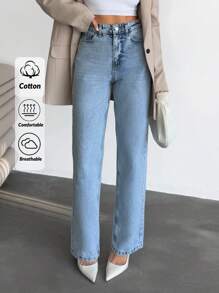 EURMUSE Women's Casual Washed High Waist Straight Leg Jeans - Light Wash - View 1