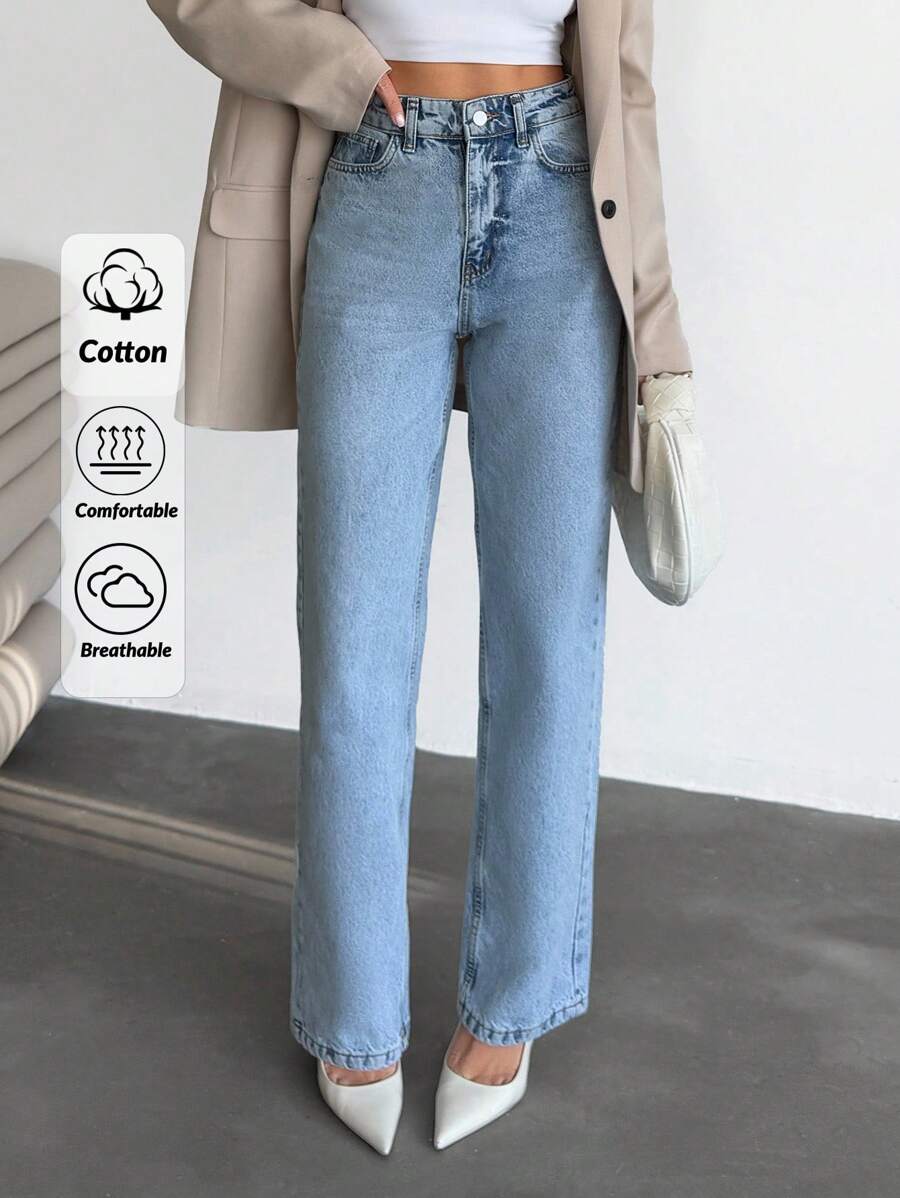 EURMUSE Women's Casual Washed High Waist Straight Leg Jeans - Light Wash - View 1