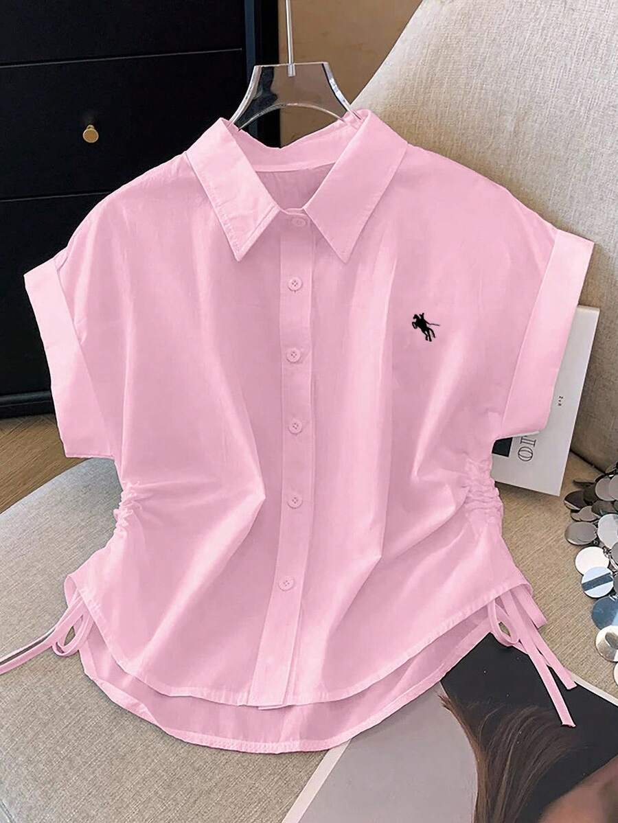 INAWLY 女式骑士与蝙蝠印花侧抽绳休闲短袖衬衫 - 粉色 - 查看 1