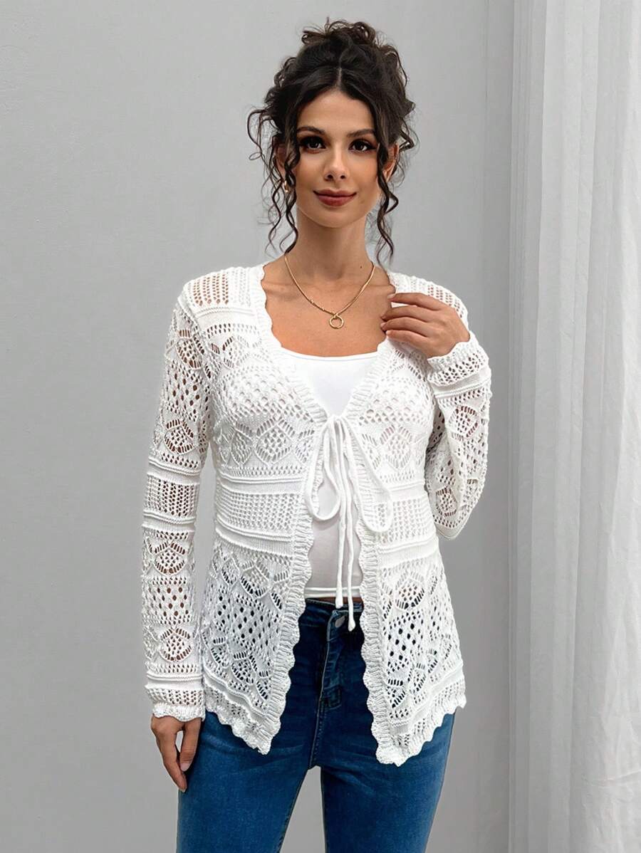 Momance Pregnant Women's Hollow Out Design Long Sleeve Front Tie Casual Thin Cardigan