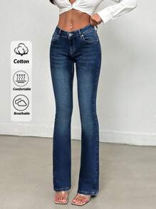 SHEIN Tall Casual Washed Low-Rise Slim Flared Jeans - Dark Wash - View 1