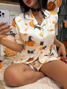 万圣节南瓜印花短袖短裤睡衣套装 - 白色 - 查看 4