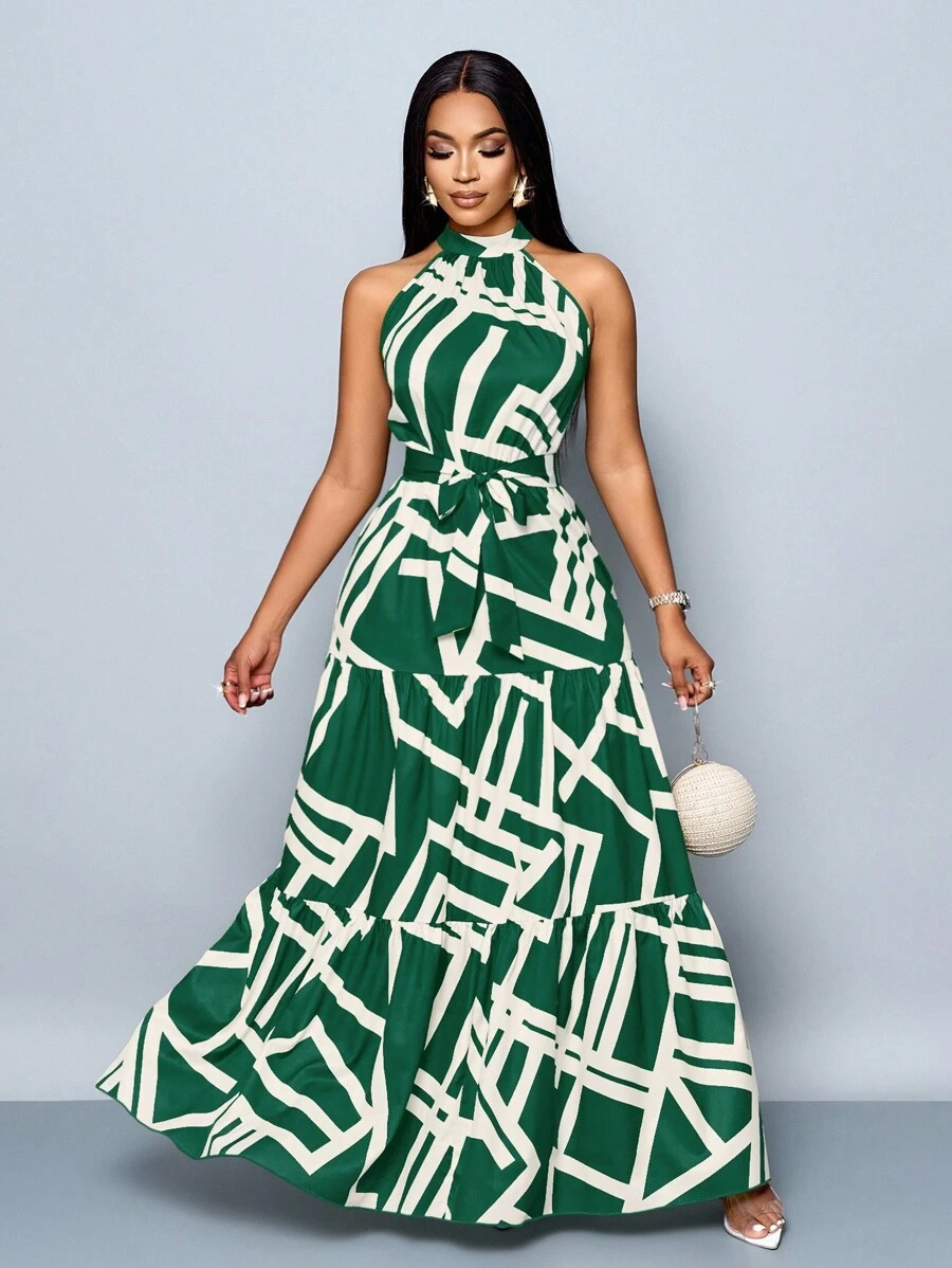 Vestido maxi con estampado integral, escote halter, fluido, con cinturón, para vacaciones (floral aleatorio) - Verde - Ver 1