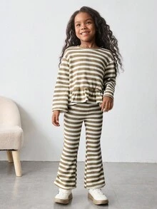 Maija Kids Maija Kids 2件套少女条纹圆领长袖T恤和裤子套装 - 彩色 - 查看 4