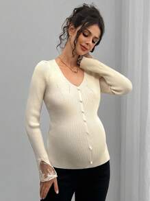 Momance V-Neck Pearl Button Lace Patchwork Knit Sweater Top, Fashionable Layering Piece For Women, Autumn/Winter - Apricot - View 3