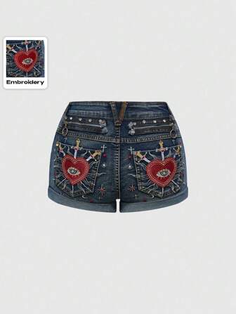 Fairycore Plus Size Denim Shorts With Heart, Gemstone, Crystal & Star Embroidery Details