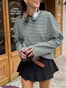 Jouncy 女士条纹圆领落肩长袖休闲宽松T恤 - 薄荷藍 - 查看 4