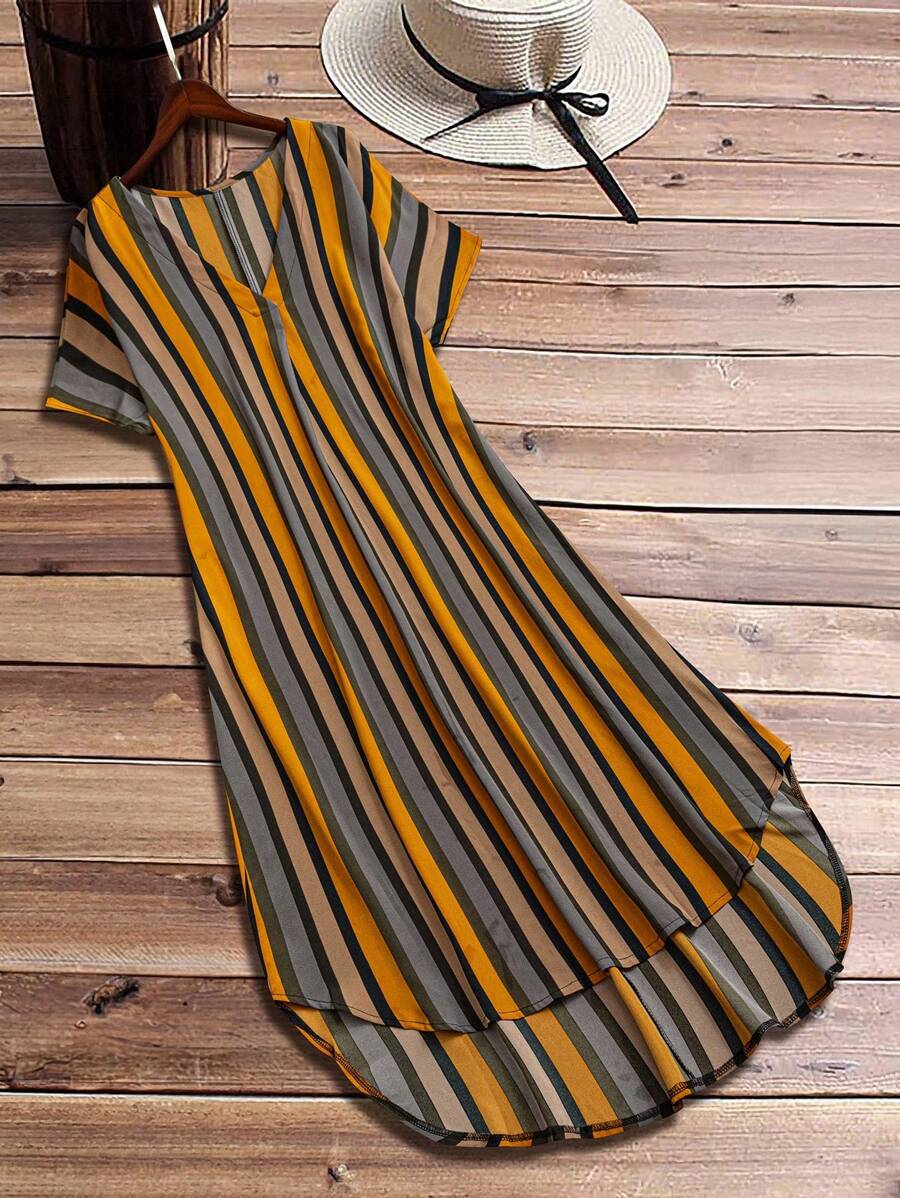 Rusticease 女士加大码条纹 V 领蝙蝠袖休闲宽松直筒连衣裙 - 彩色 - 查看 1