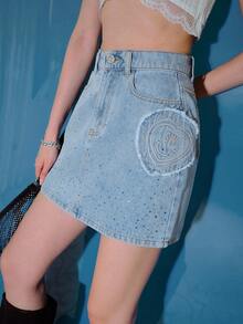 S.W.Smiley x MOTF PREMIUM Chân váy denim vá hình trái tim đính đá - Màu xanh lam - Xem 3