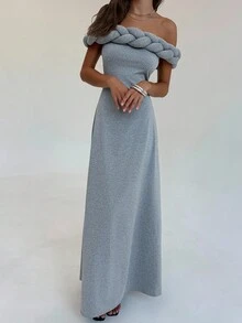 Aloruh New Vintage Braided Rope Off-Shoulder Design Waist-Cinching A-Line Dress - Dark Grey - View 6