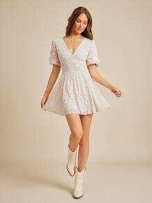 WESTFADE Floral Textured Woven V Neck Puff Sleeve Fit & Flare Mini Dress Fall Back To School Country Concert Outfit - Pink - View 5