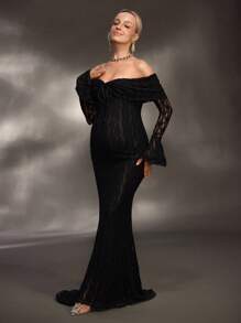 Cheriluna Maternity Elegant Off-Shoulder White Lace Long Sleeve Mermaid Maxi Dress, Suitable For Wedding, Party, Baby Shower, Maternity Photoshoot, Christening - Black - View 5
