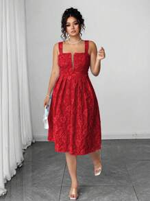 Elenzga Halloween Plus Size Women V-Neck Jacquard Textured Fabric Waist Design Casual Vacation Style Camisole Dress - Red - View 3
