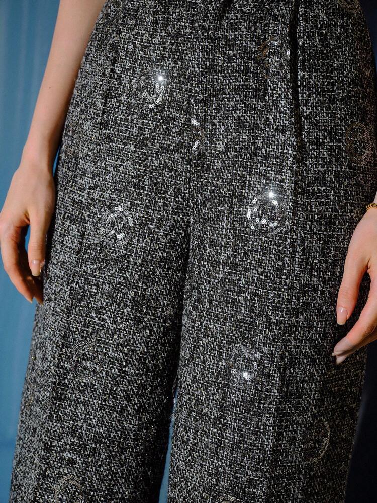 S.W.Smiley x MOTF TWEED CONTRAST SEQUIN SMILE FACE PATTERN SEAM FRONT WIDE LEG PANTS